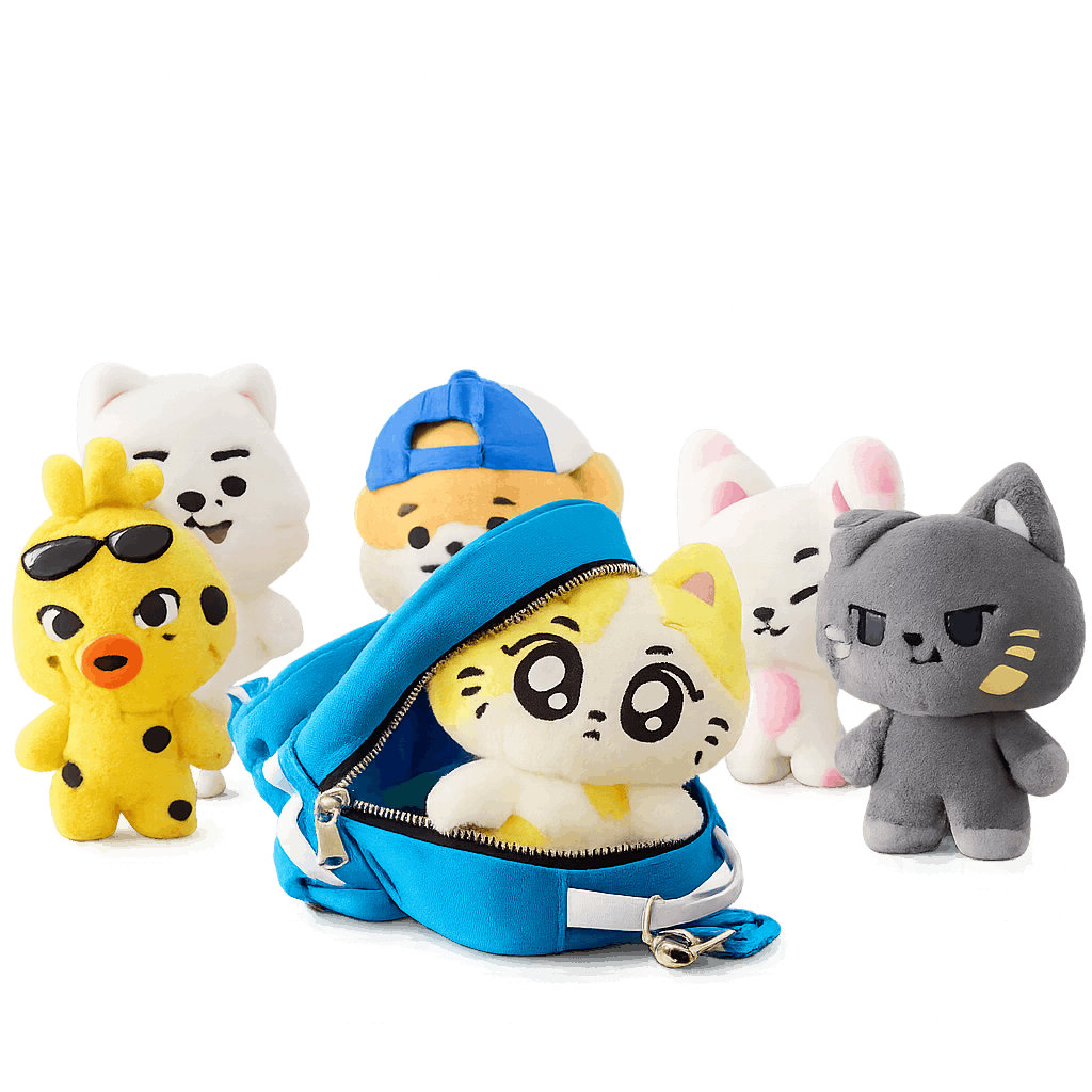 ENHYPEN ENCHIN character plush collection arranged around a blue shoulder bag