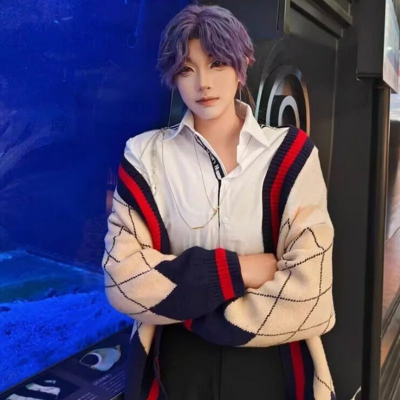 Love and Deepspace Rafayel-inspired argyle knit cardigan cosplay styling