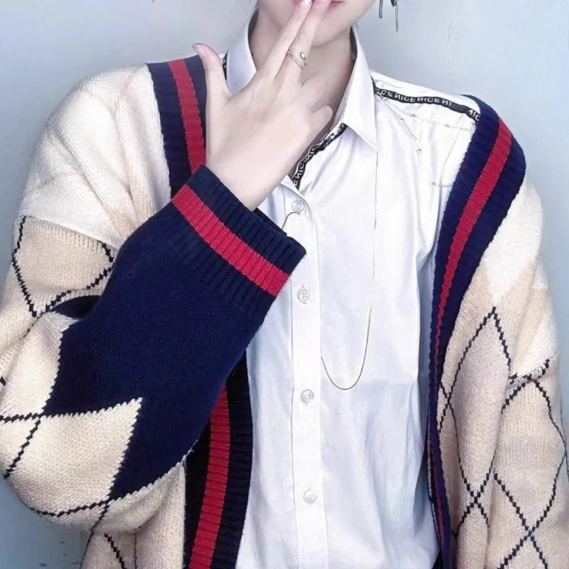 Love and Deepspace Rafayel-inspired argyle knit cardigan ribbed trim detail
