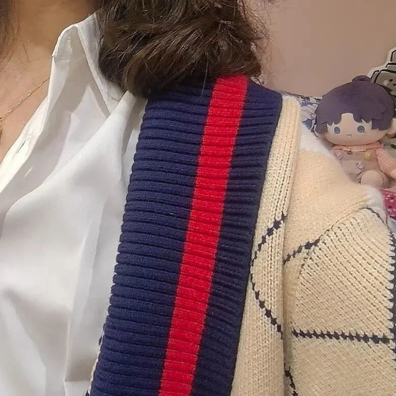 Love and Deepspace Rafayel-inspired argyle knit cardigan shoulder trim detail