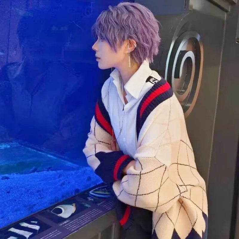 Love and Deepspace Rafayel-inspired argyle knit cardigan side view