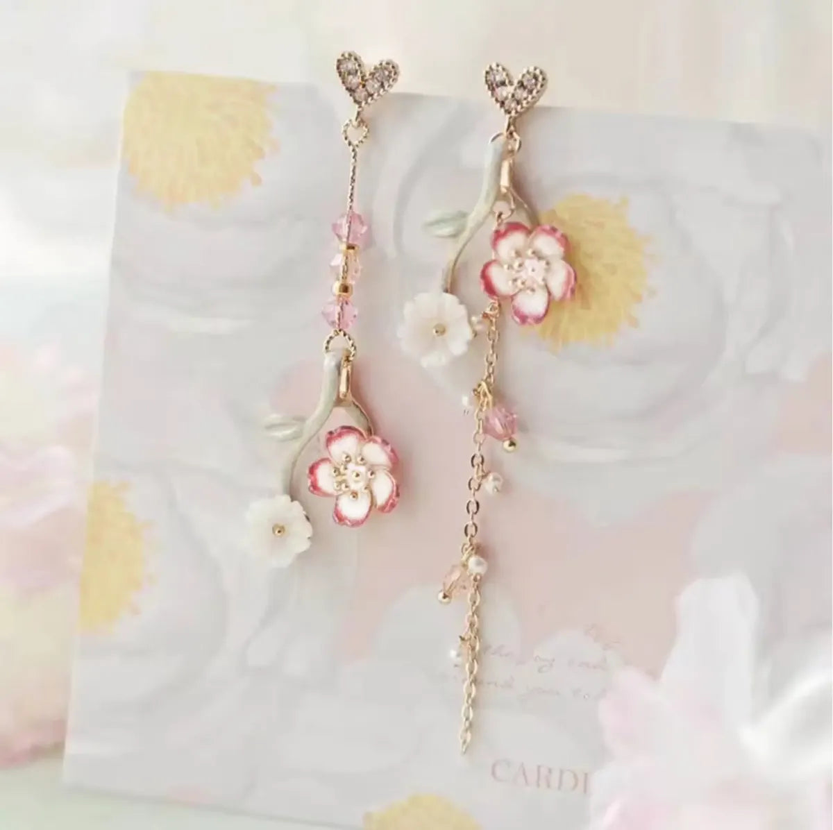 Long Cherry Blossom Heart Earrings — image 1