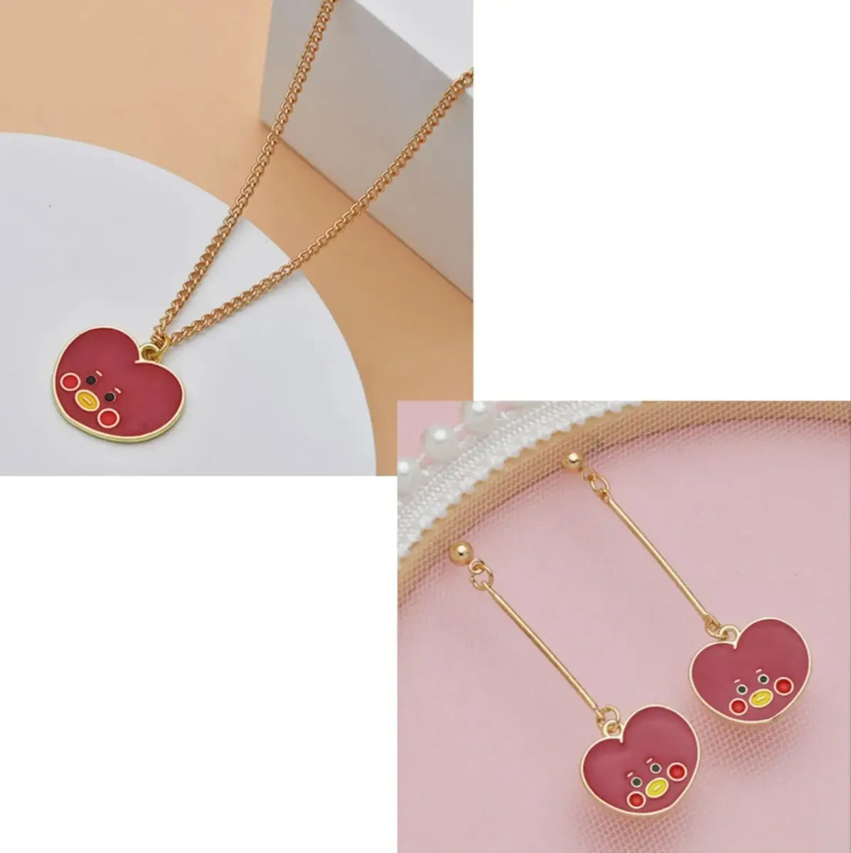 BT21 Tata Heart Necklace & Earrings Set – Red — image 2