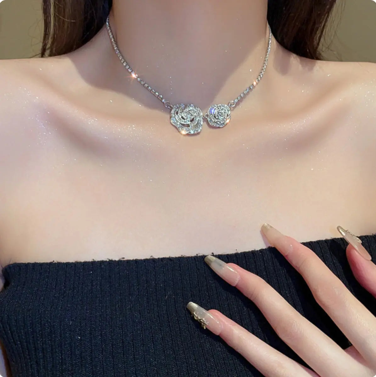 Double Camellia Crystal Necklace — image 2