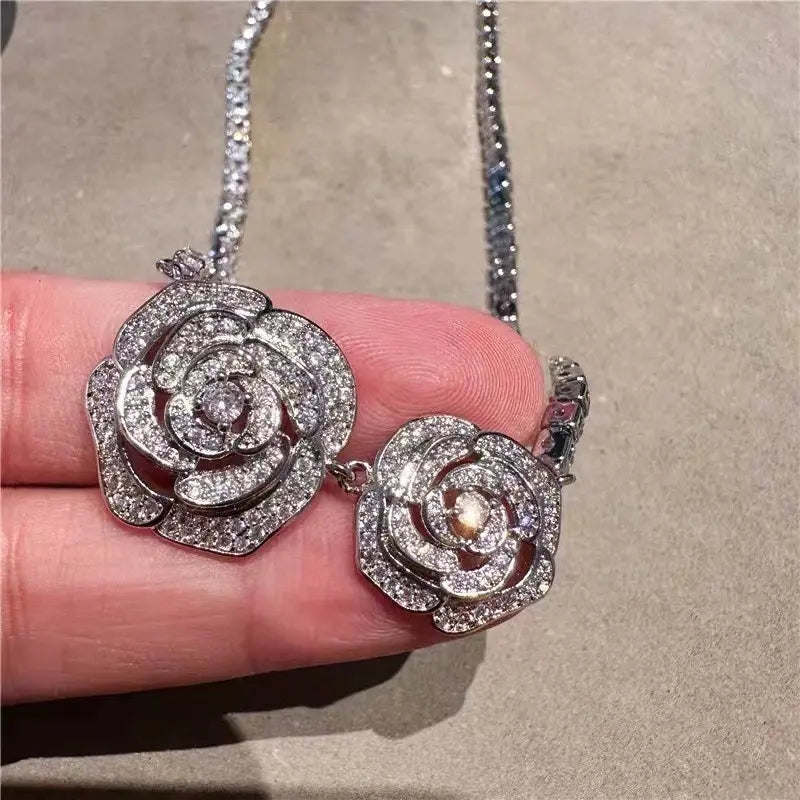 Double Camellia Crystal Necklace — image 3