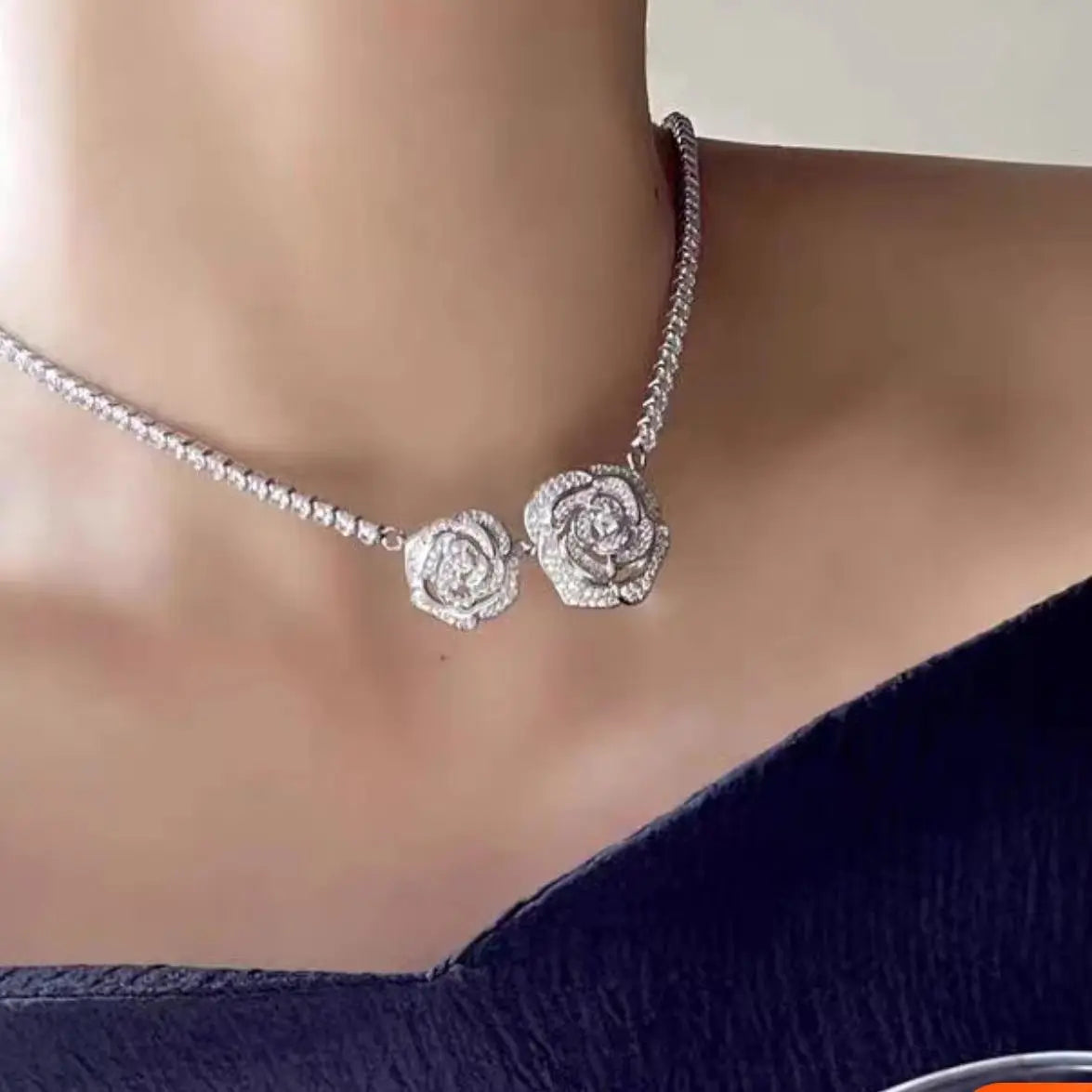 Double Camellia Crystal Necklace — image 5