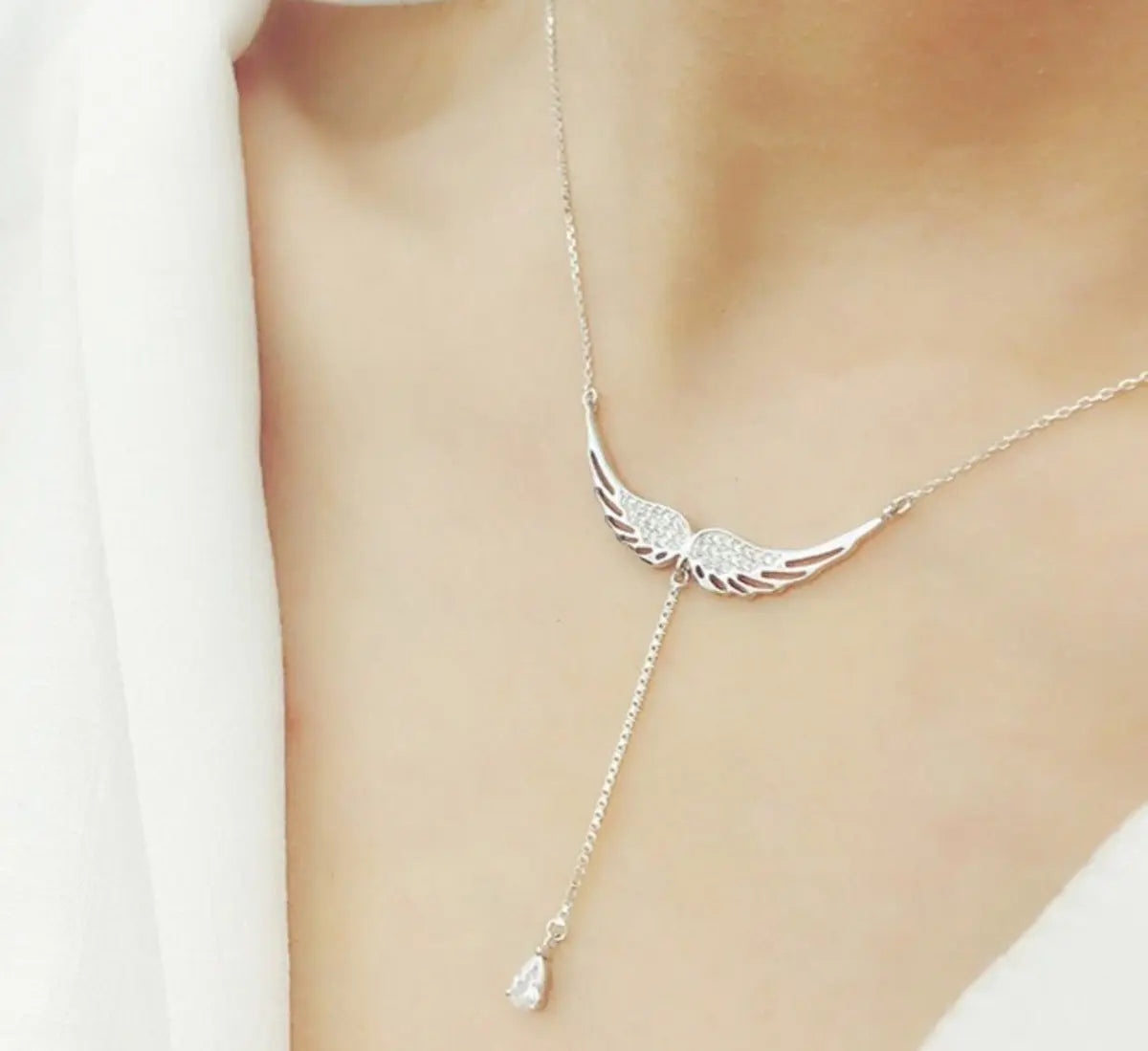Angel Wing Zirconia Drop Necklace – Silver-Tone — image 1