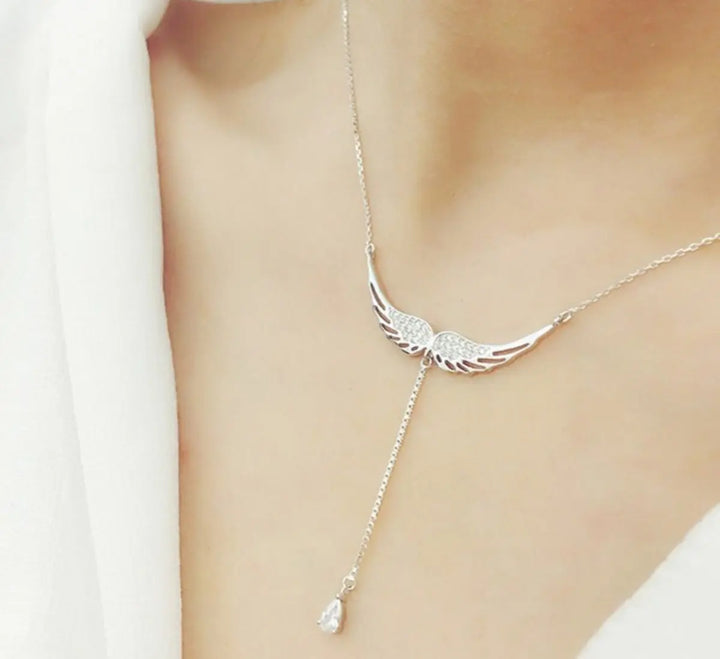 Angel Wing Zirconia Drop Necklace – Silver-Tone — image 1