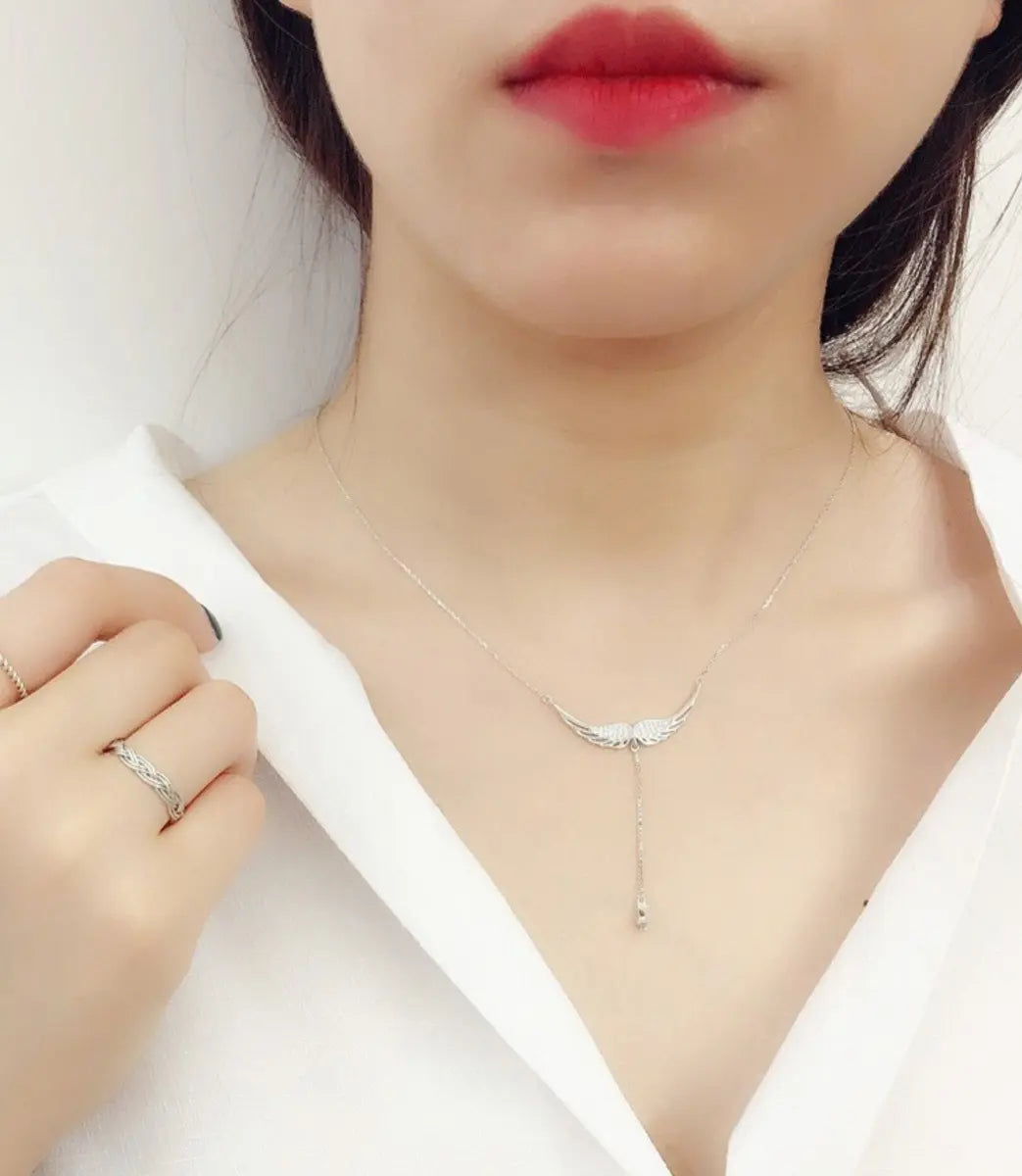 Angel Wing Zirconia Drop Necklace – Silver-Tone — image 5
