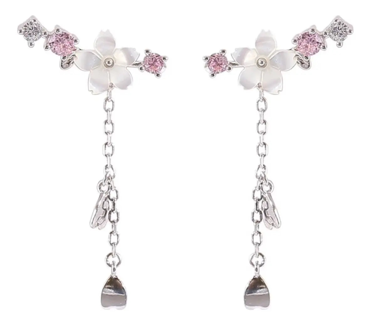 Cherry Blossom Heart Ear Climbers – Silver-Tone — image 1