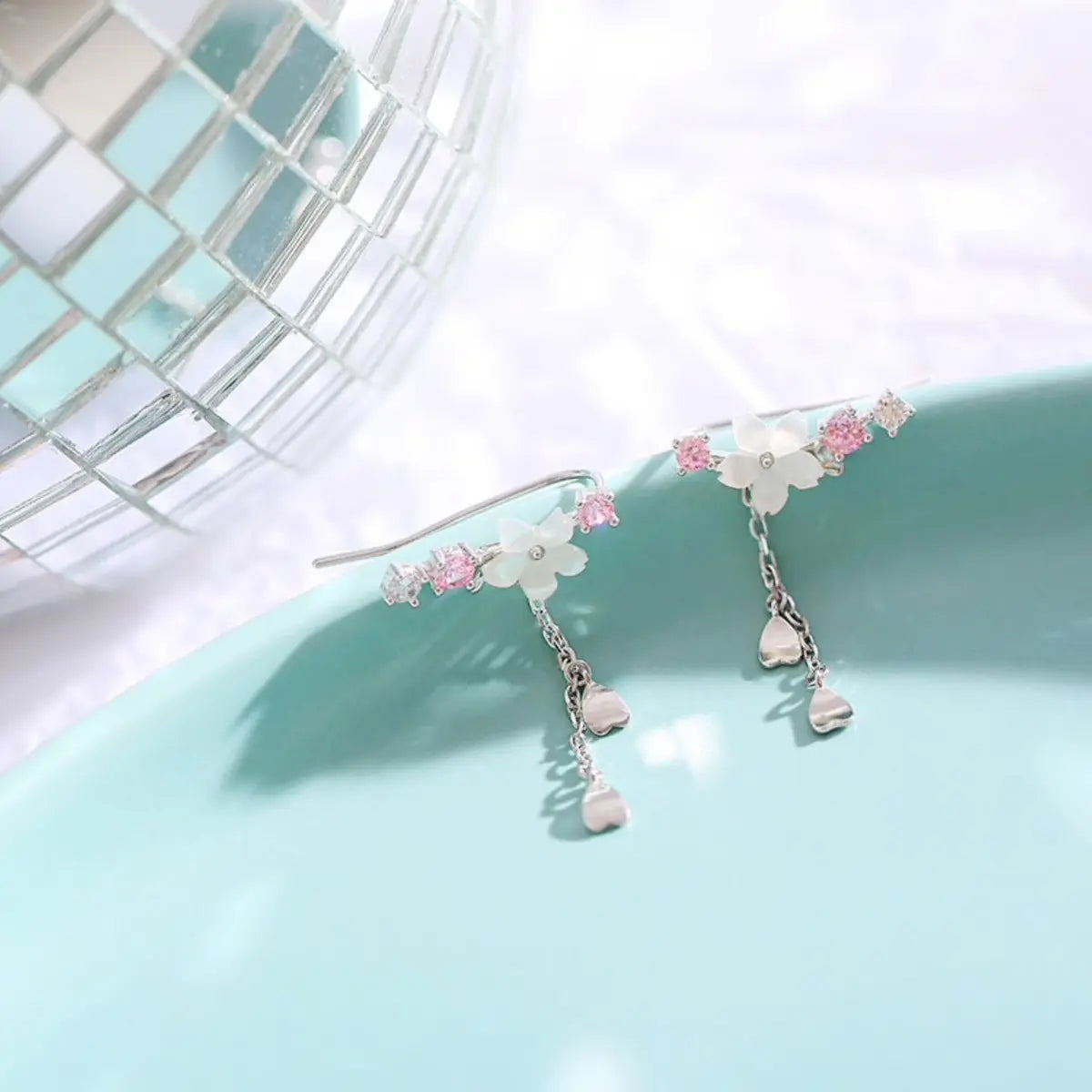 Cherry Blossom Heart Ear Climbers – Silver-Tone — image 2