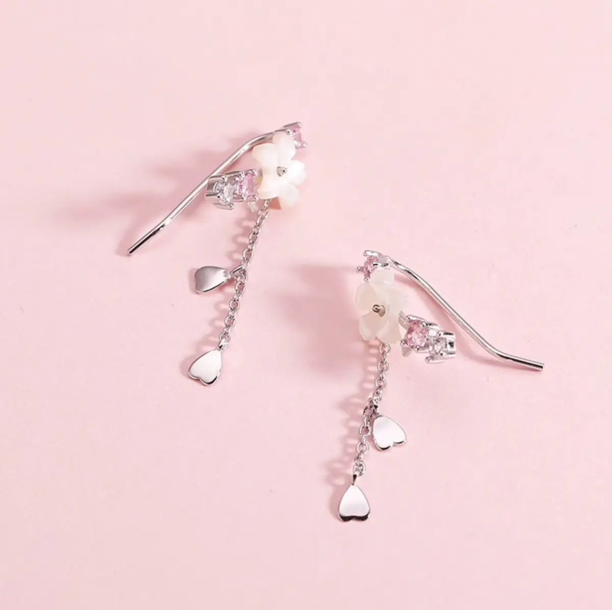 Cherry Blossom Heart Ear Climbers – Silver-Tone — image 4