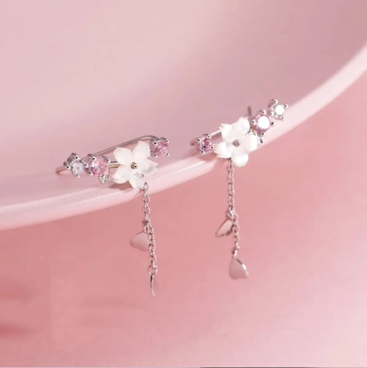 Cherry Blossom Heart Ear Climbers – Silver-Tone — image 5