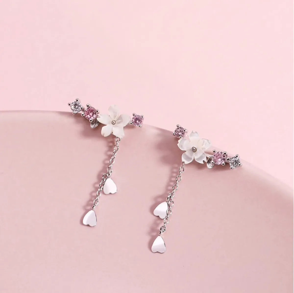 Cherry Blossom Heart Ear Climbers – Silver-Tone — image 7