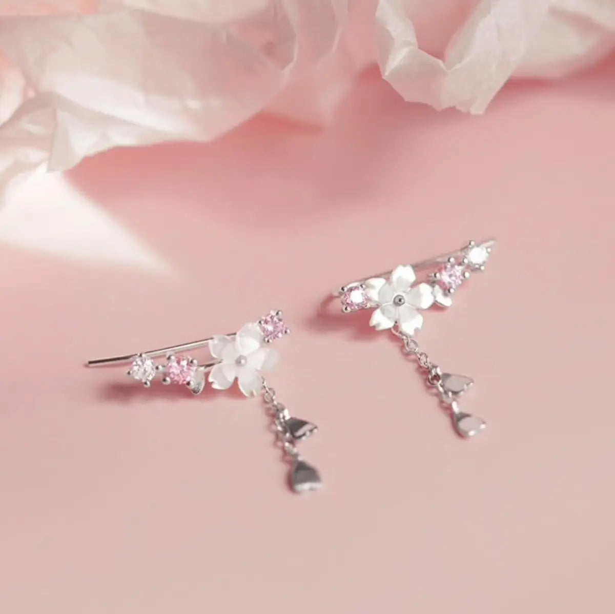 Cherry Blossom Heart Ear Climbers – Silver-Tone — image 8