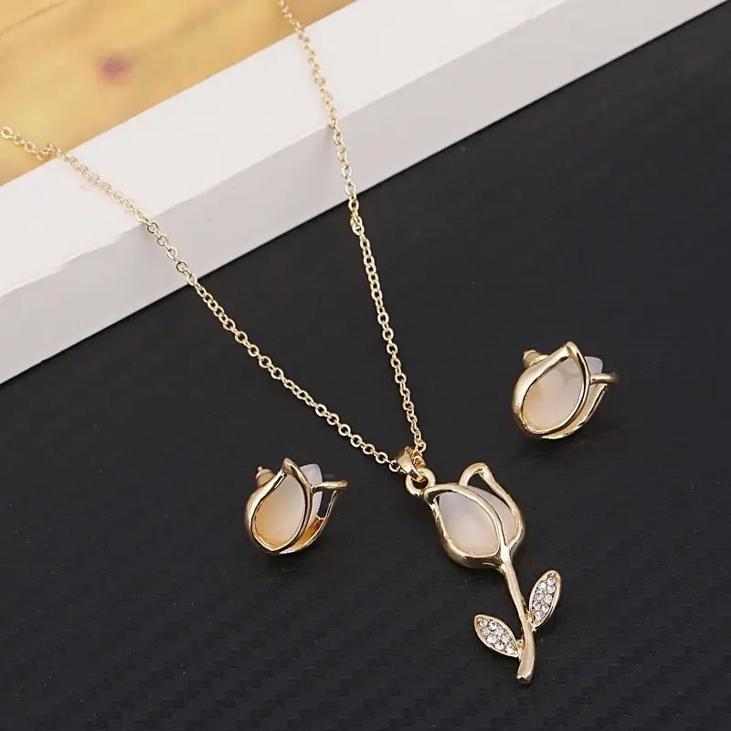 gold-tone tulip flower necklace and earrings set – image 1