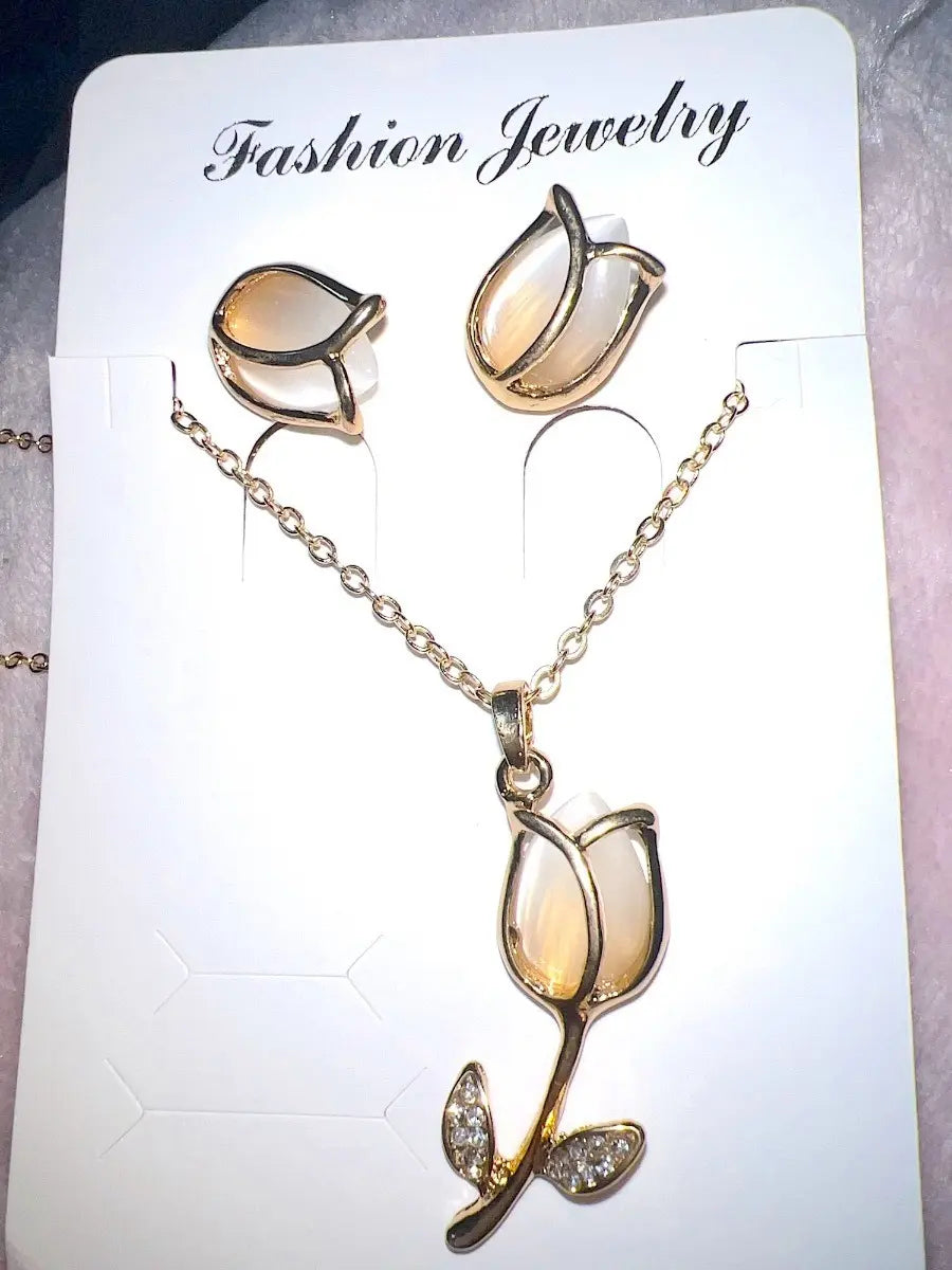 gold-tone tulip flower necklace and earrings set – image 5